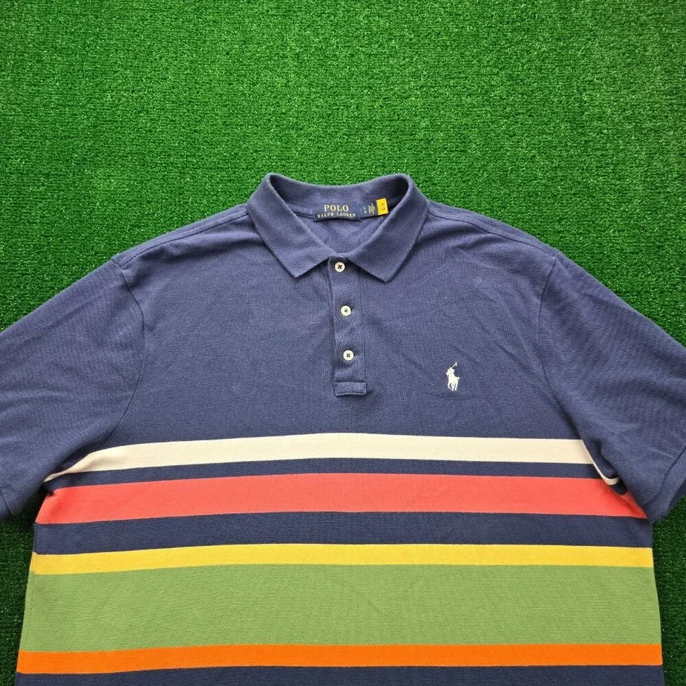 Polo Ralph Lauren Polo Shirt Mens Large Blue Striped Short‎ Sleeve Golf Preppy
